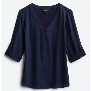 FORTUNE + IVY Pickett Roll Tab Blouse - Navy - L